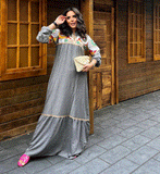 Long abaya, made of linen, with long floral sleeves
