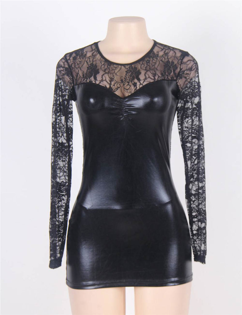 New Leather Patchwork Lace Round Neck Front Pleat Long Sleeve Sexy Leather Miniskir