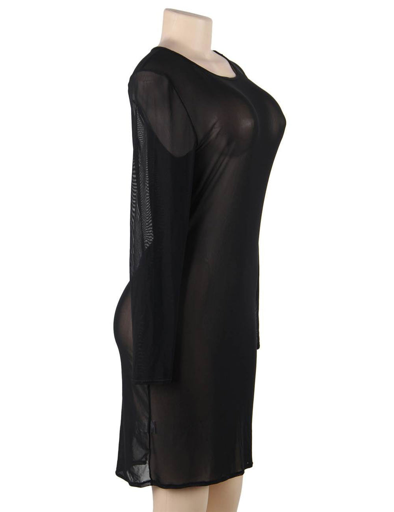 New Plus Size Black Sexy Fashion Perspective Gauze Long Sleeve Women Dress