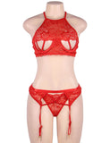 New Gold Wire Red & Black Lace Stitching Cross Straps Sexy Bra Set With Steel Ring