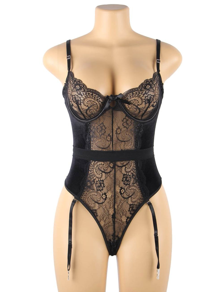 New Cross Back Design Lace And Velour Stitching Teddy With Underwire