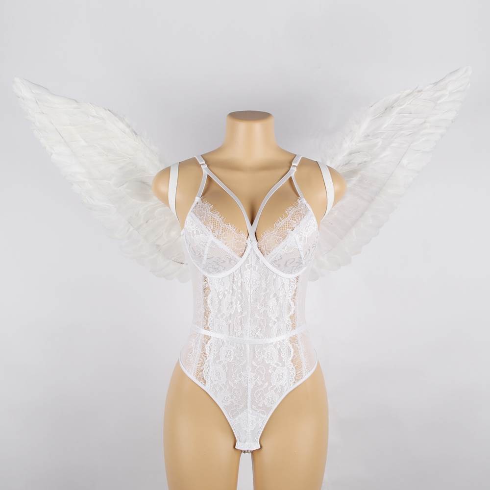 New Angel Feather Wings Decoration White & Black Lace Sexy Bodysuit