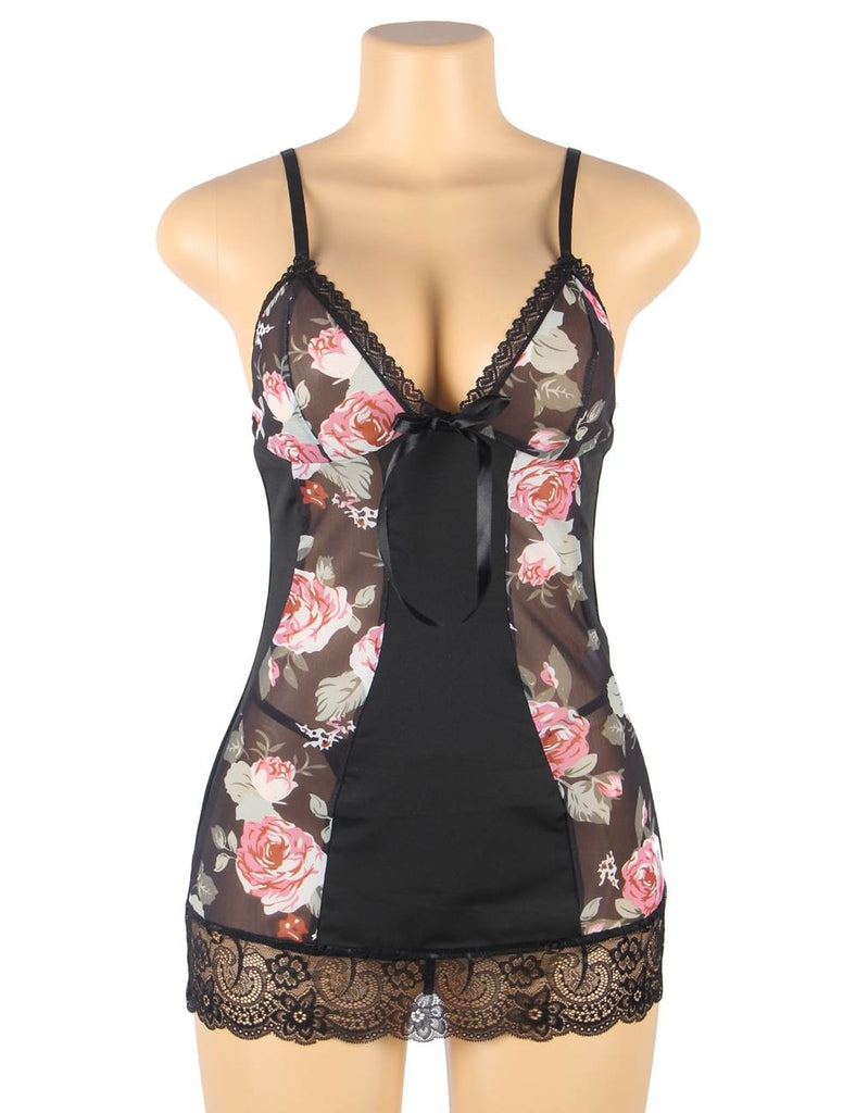Floral Print Lace-up Babydoll Without Underwire