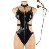 New Black Leather Exquisite Backless Teddy With Choker Neck