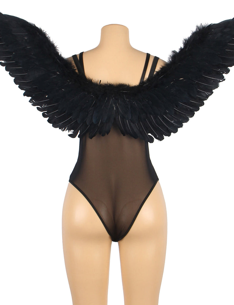 New Angel Feather Wings Decoration White & Black Lace Sexy Bodysuit