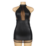 New Sexy Solid Black Color Halter Leather Lingerie Dress