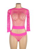 New Long Sleeve Two-Piece Bodystocking With Fishnet Crop Top And Bottom