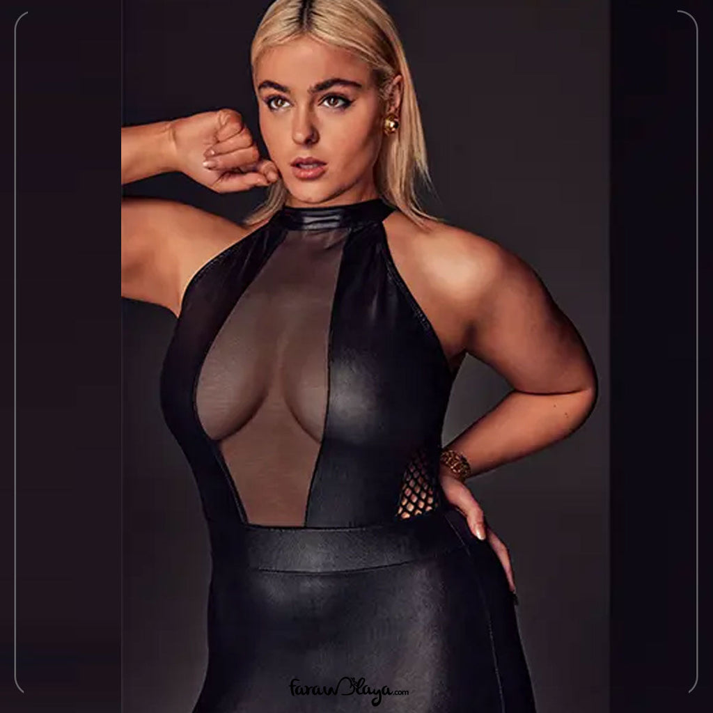 New Sexy Solid Black Color Halter Leather Lingerie Dress