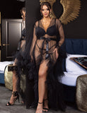 New Long White & Black Sexy Ruffled Trumpet Sleeves Robe With Belt