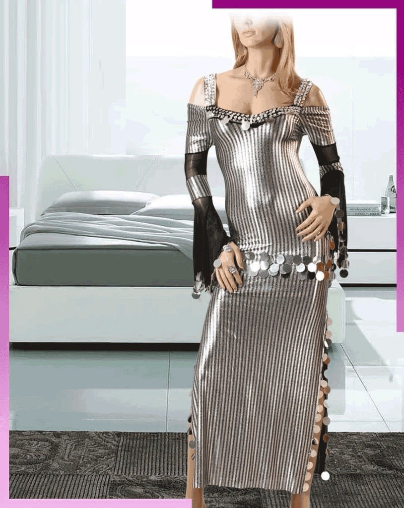 Silver striped dance suit, one piece