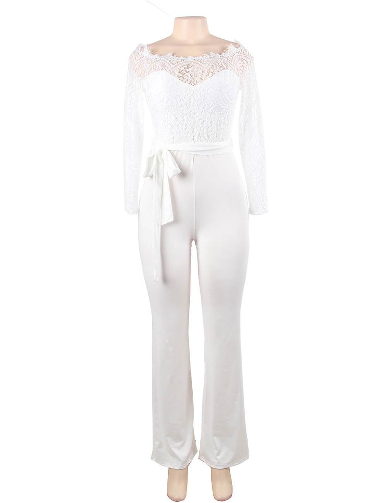 New White Falling Shoulder Lace Stitching Fashion Jumpsuit