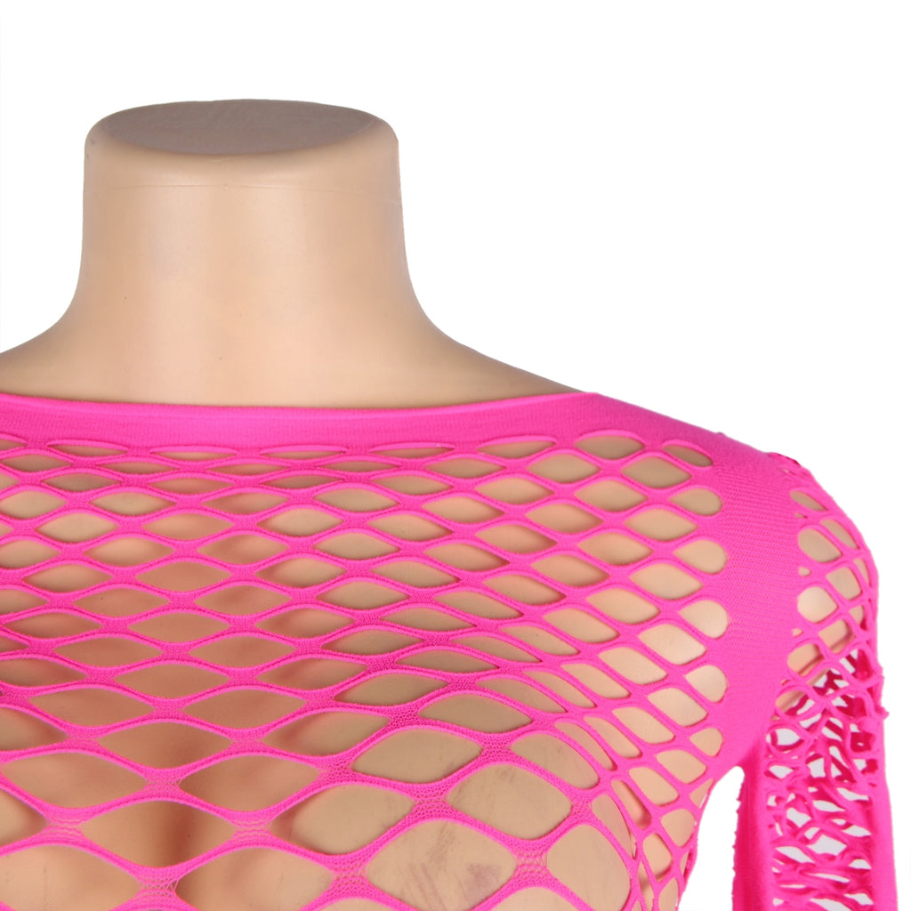 Long Sleeve Two-Piece Bodystocking With Fishnet Crop Top And Bottom