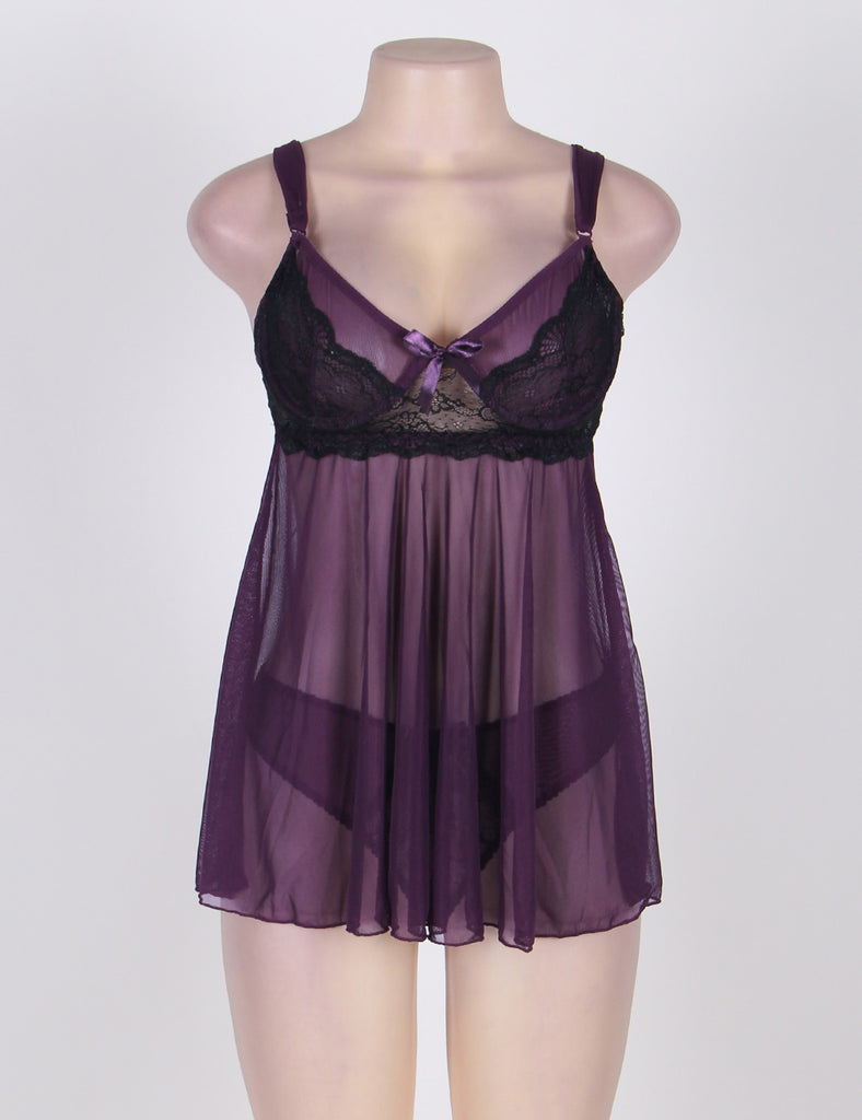 Appealing Flower Pattern Lace Transparent Violet Mini Dress