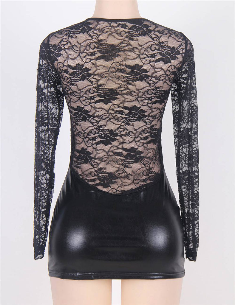 Leather Patchwork Lace Round Neck Front Pleat Long Sleeve Sexy Leather Miniskir