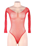 New Long Sleeve Fishnet Off-the-shoulder Sparkle Bodysuit