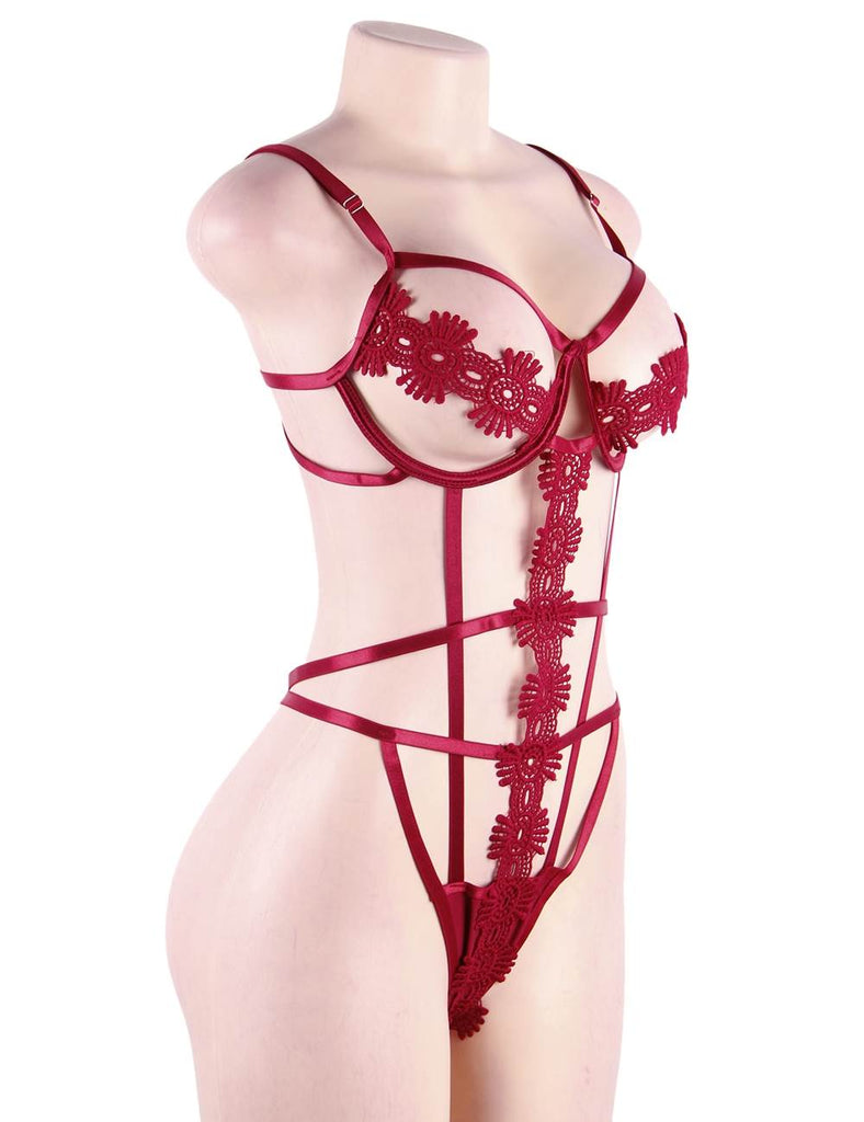 New Delicate Flowers Lace Hollow Out Teddy With Underwire