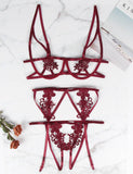 Plus Size Sexy 3pcs Red Embroidery Applique Bra Panty Set With Underwire