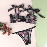 Floral Print Lace Bra Set With Underwire With Farawlaya