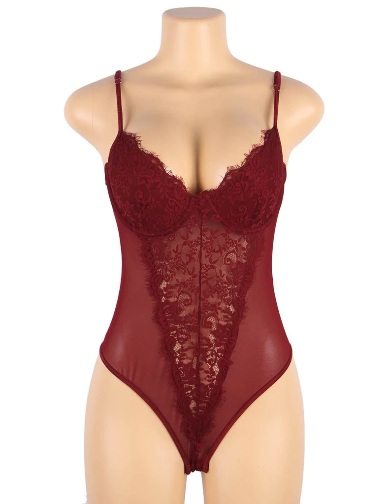 Crotch Open Red & Black High Quality Lace Splicing Sexy Teddy With Underwire