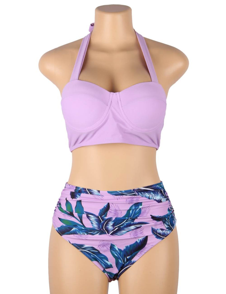 New Leaf Print Tropical Style Push Up Halter Bikini Swimsuit