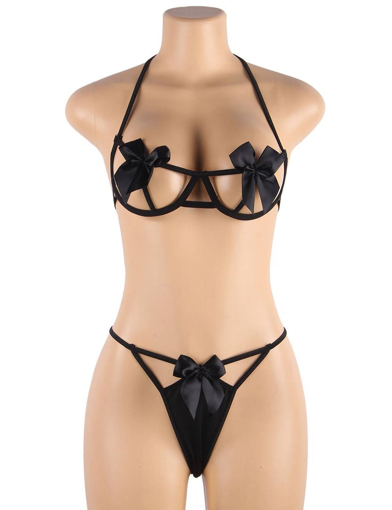 New 2Pcs Harness Sexy Bow Bra and Panty Lingerie Set with Underwire With Farawlaya