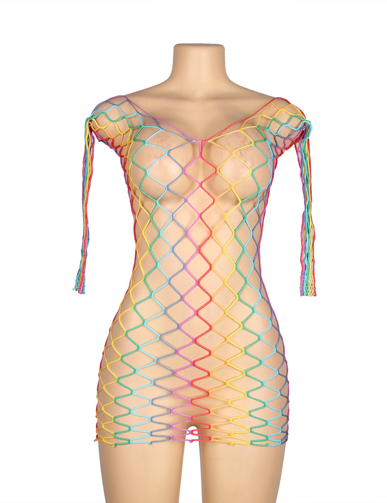 Rainbow Colorful Long Sleeve Fishnet Bodystocking