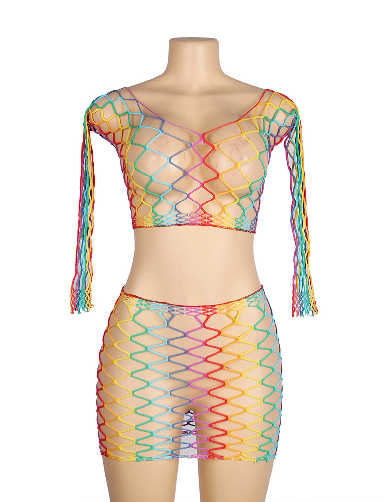 Lingerie Egypt Colorful Long Sleeve Two Piece Fishnet Bodystocking