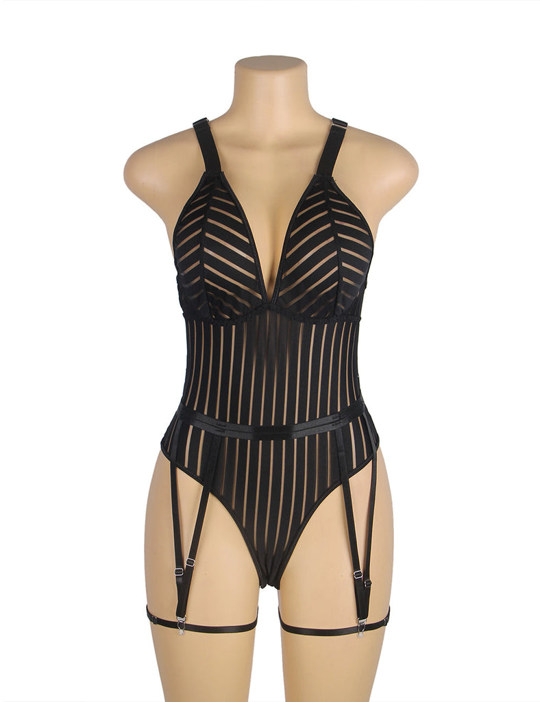Sexy Black Striped Patterns Crossing Strap Back Design Bodysuit with Garter Belt