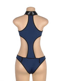 New Dark Blue V Neck Zipper Front Hollow Out Bodysuit Police Costume with Badge