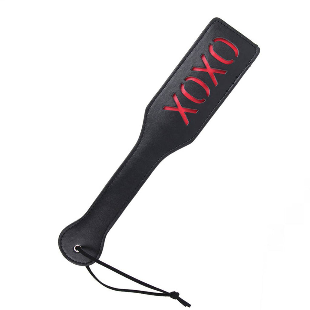 Black leather BDSM whip with 'xoxo' imprint