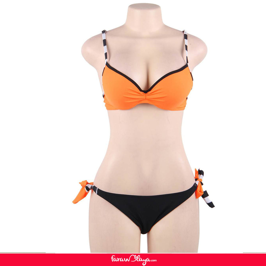 New Three-piece suit Fashion Stripe Orange Sexy Bikini Set With Steel Ring