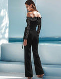 Black Falling Shoulder Lace Stitching Fashion Jumpsuit