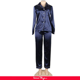 Dark Blue Long Sleeve Silk Pajamas Set Two Piece Set