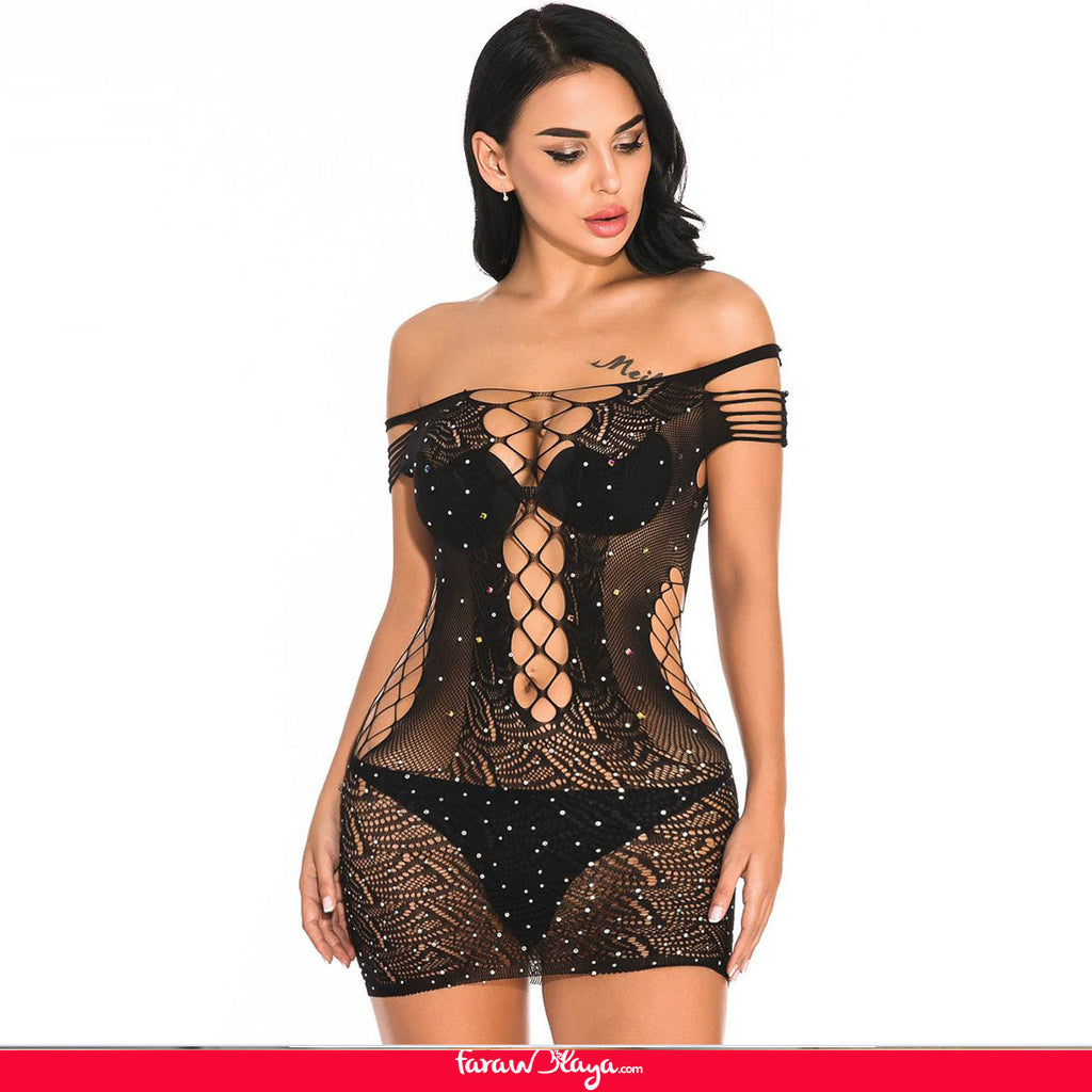 New Sexy Sparkle Glitter Rhinestone Fishnet Hollow Out Lingerie Bodysuit